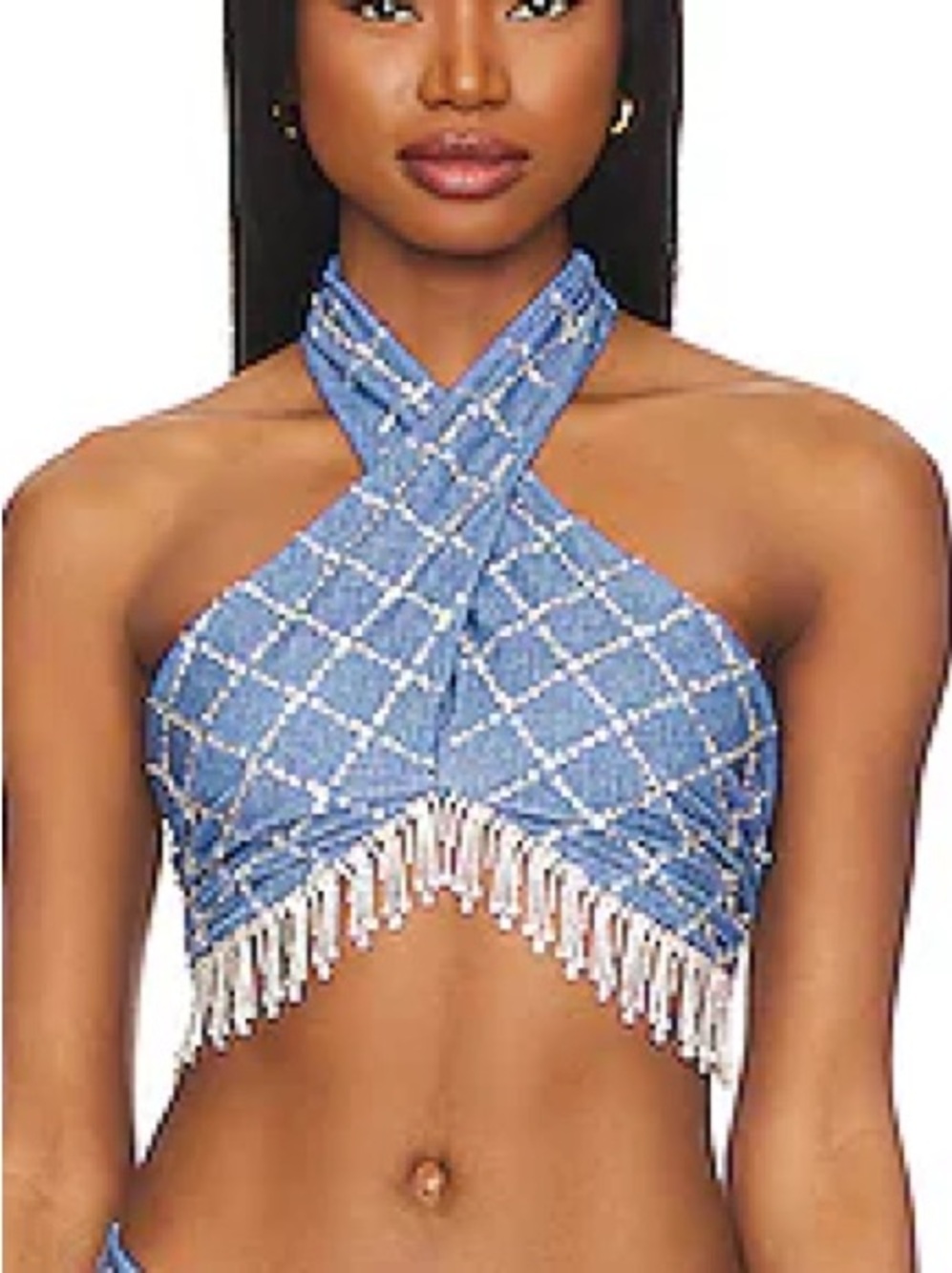 Beach Riot Blue denim-look Jessica Cross-Halter Beaded Fringe Bikini Top